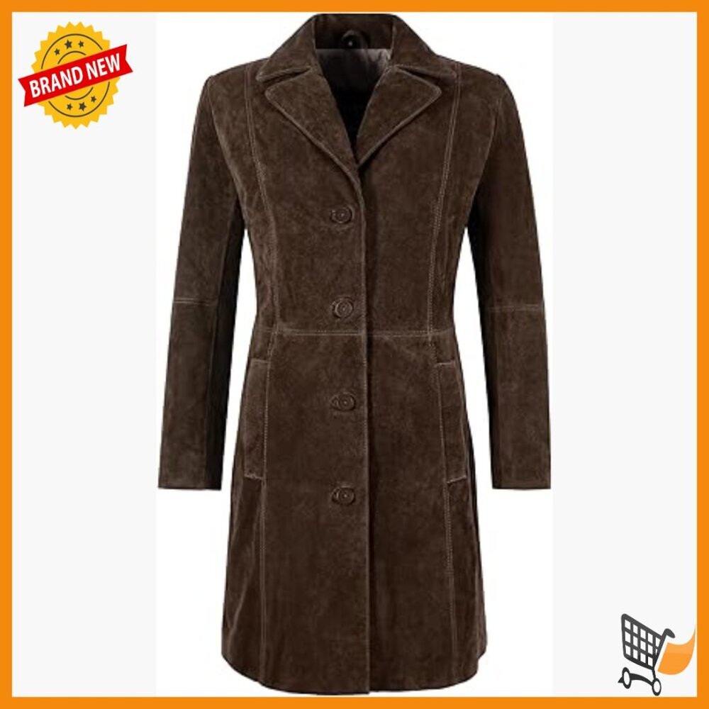 Suede Leather Trench Coat Knee Length Slim Fit Classic Lapel Collar